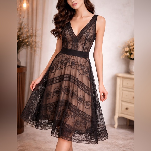 BCBGMaxAzria Dresses & Skirts - BCBGMaxAzria Black Nude Lace Midi Dress Size 0 Sheer V-Neck Cocktail Dress